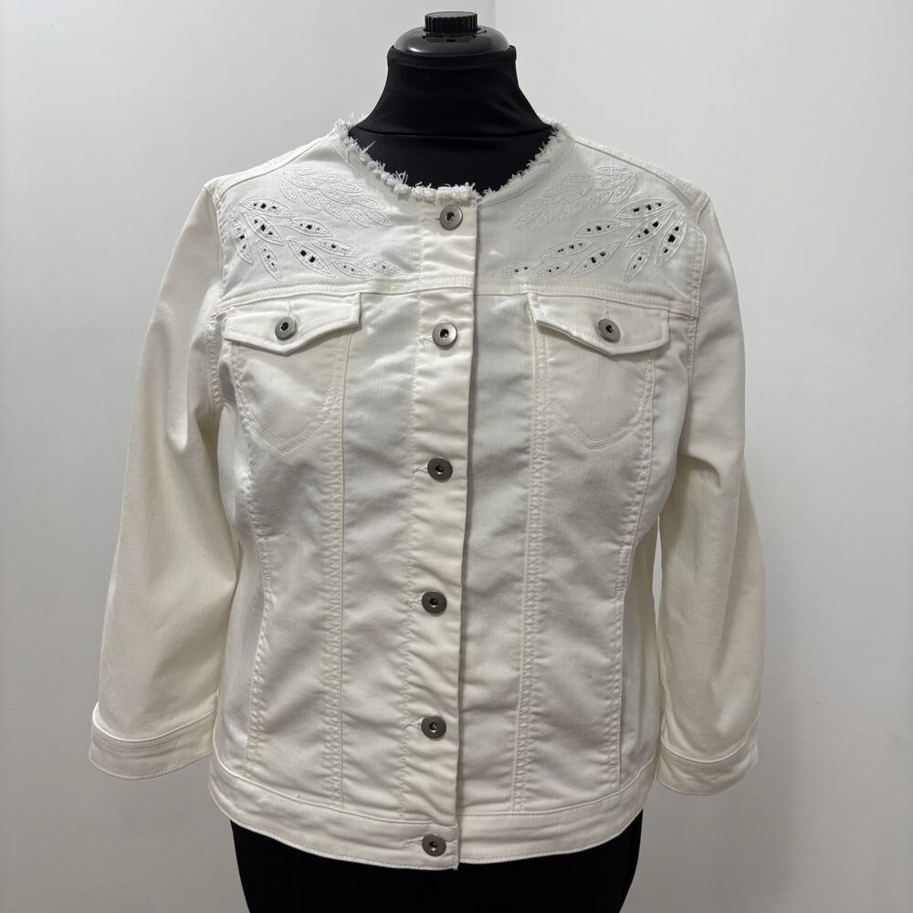 Baccini Womens XL White Denim Jacket Embroidered Eyelet Stretch Frayed Collar